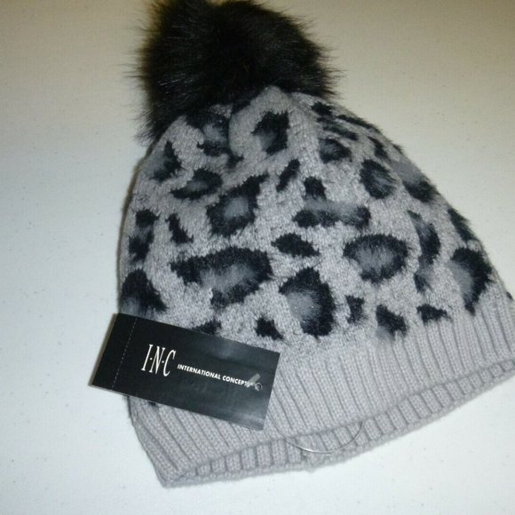 INC International Concepts designer gray leopard POM Nylon knit beanie SKI hat - Picture 2 of 3